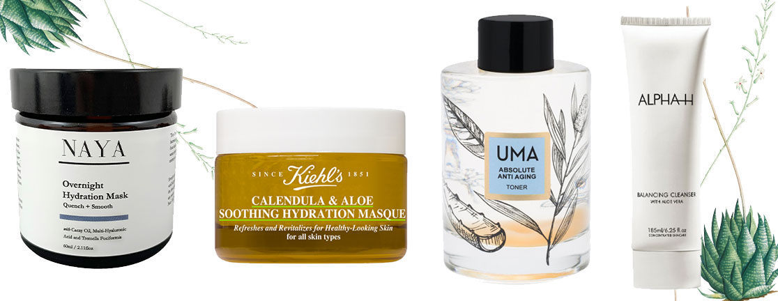 aloe vera - naya overnight hydration mask, kiehls calendula and aloe soothing hydration masque, UMA absolute anti ageing toner, alpha h balancing cleaner with aloe vera
