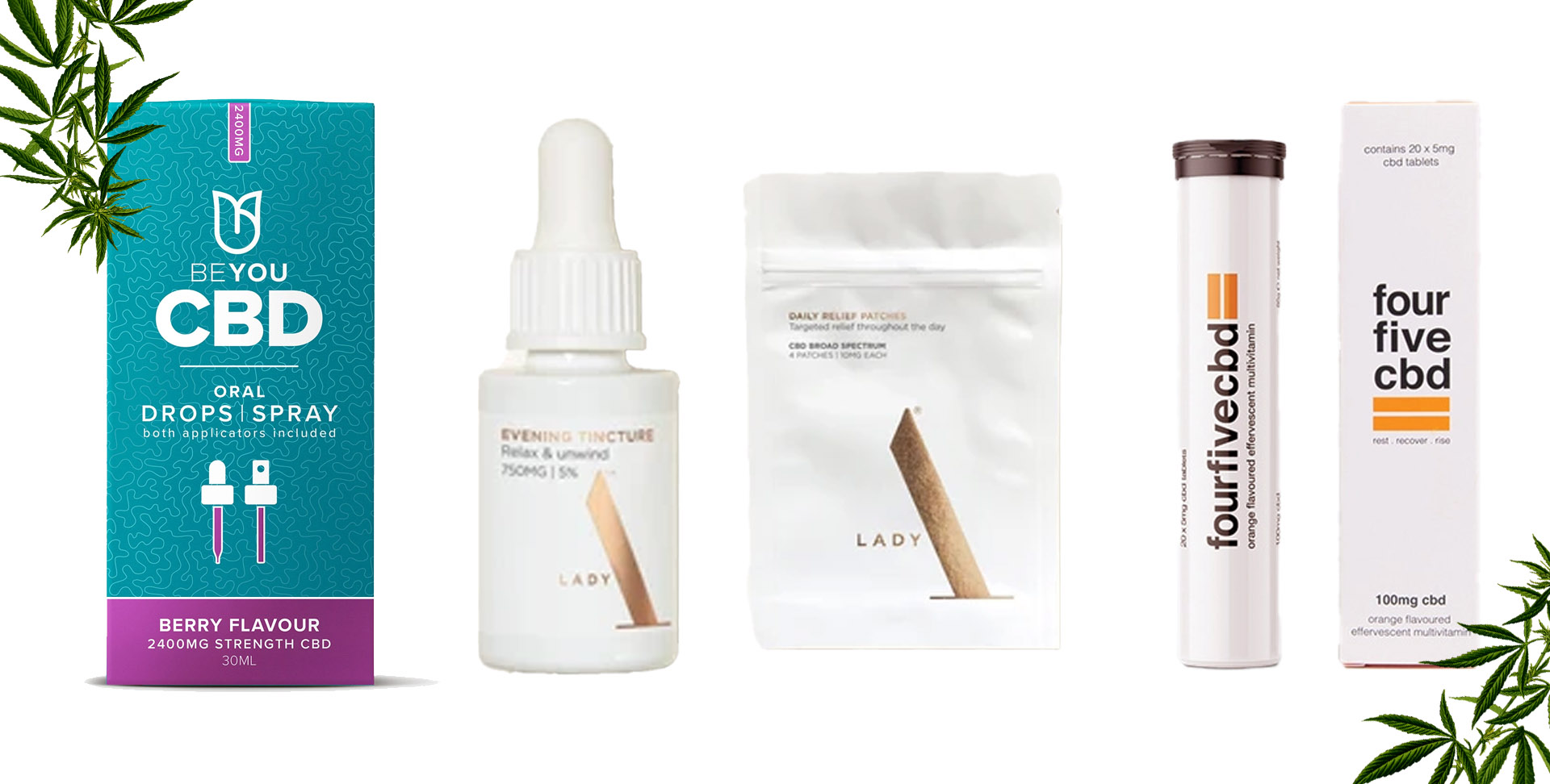 cbd products beyou CBD oral drops, Lady V evening tinture, fourfive cbd