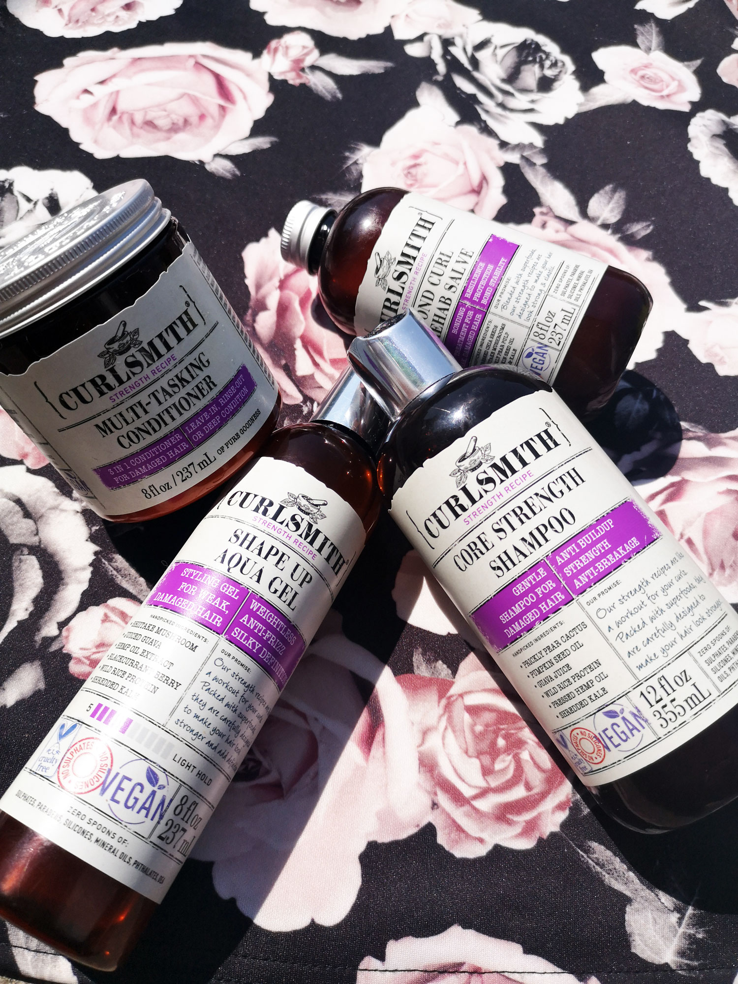 curlsmith bond curl rehab salve, core strength shampoo & multi-tasking conditioner, shape up aqua gel