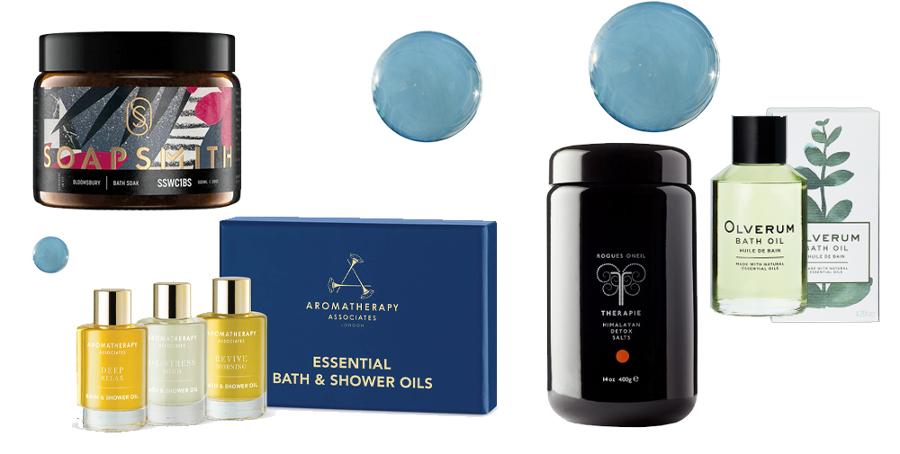 olverum bath oil, therapie detox salts, soapsmith bath soak, aromatherapy associates essential bath & shower oils