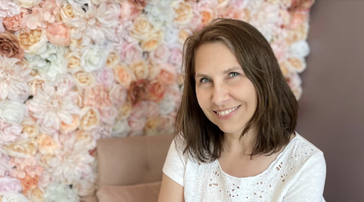 smiling woman floral background