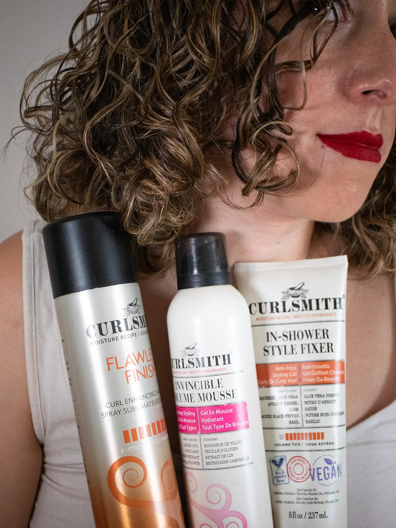 Curlsmith trio mousse, in-shower style fixer, flawless finish hairspray selfie